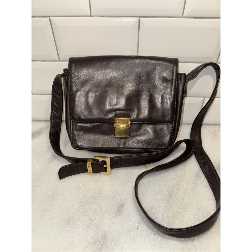 Vintage Perlina Dark Brown ‎ Leather Crossbody Bag & Organizer Purse GW997